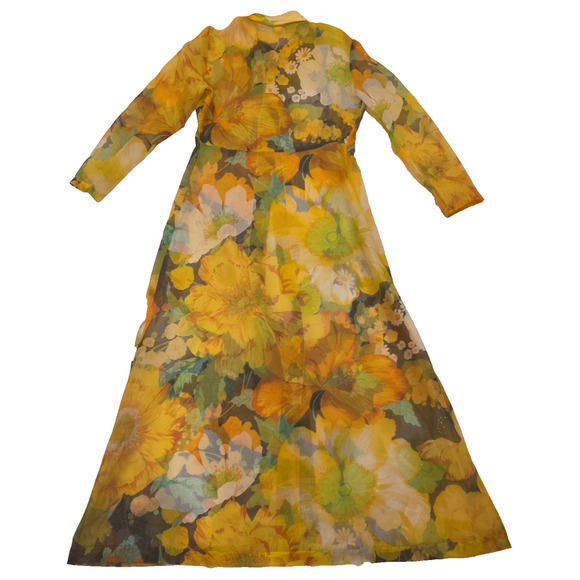 70s VTG Yellow Floral Maxi Dress + Sheer Coat Set Boho Cottagecore Festival Gown - Picture 15 of 15
